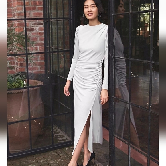 Express Dresses & Skirts - EXPRESS Velvet Ruched Side Asymmetrical Midi Dress S Grey $98